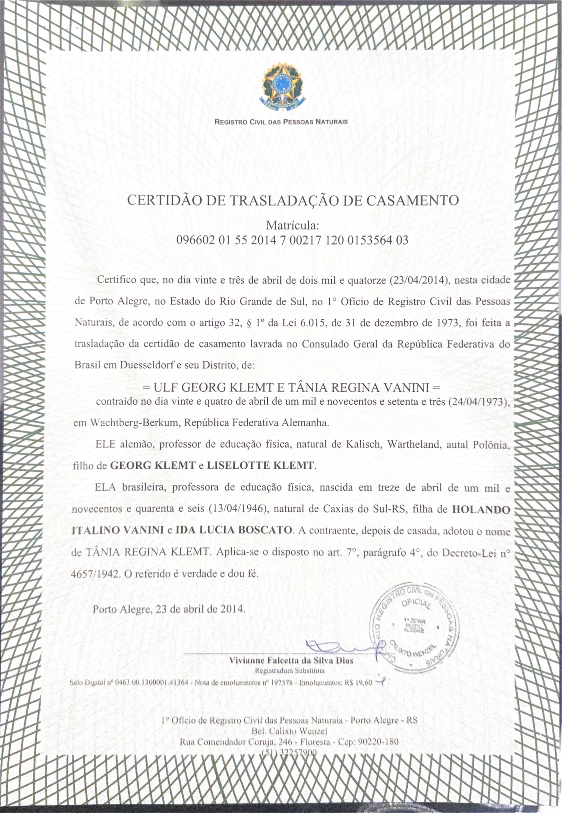 Certidão de trasladação de casamento — Porto Alegre, 2014