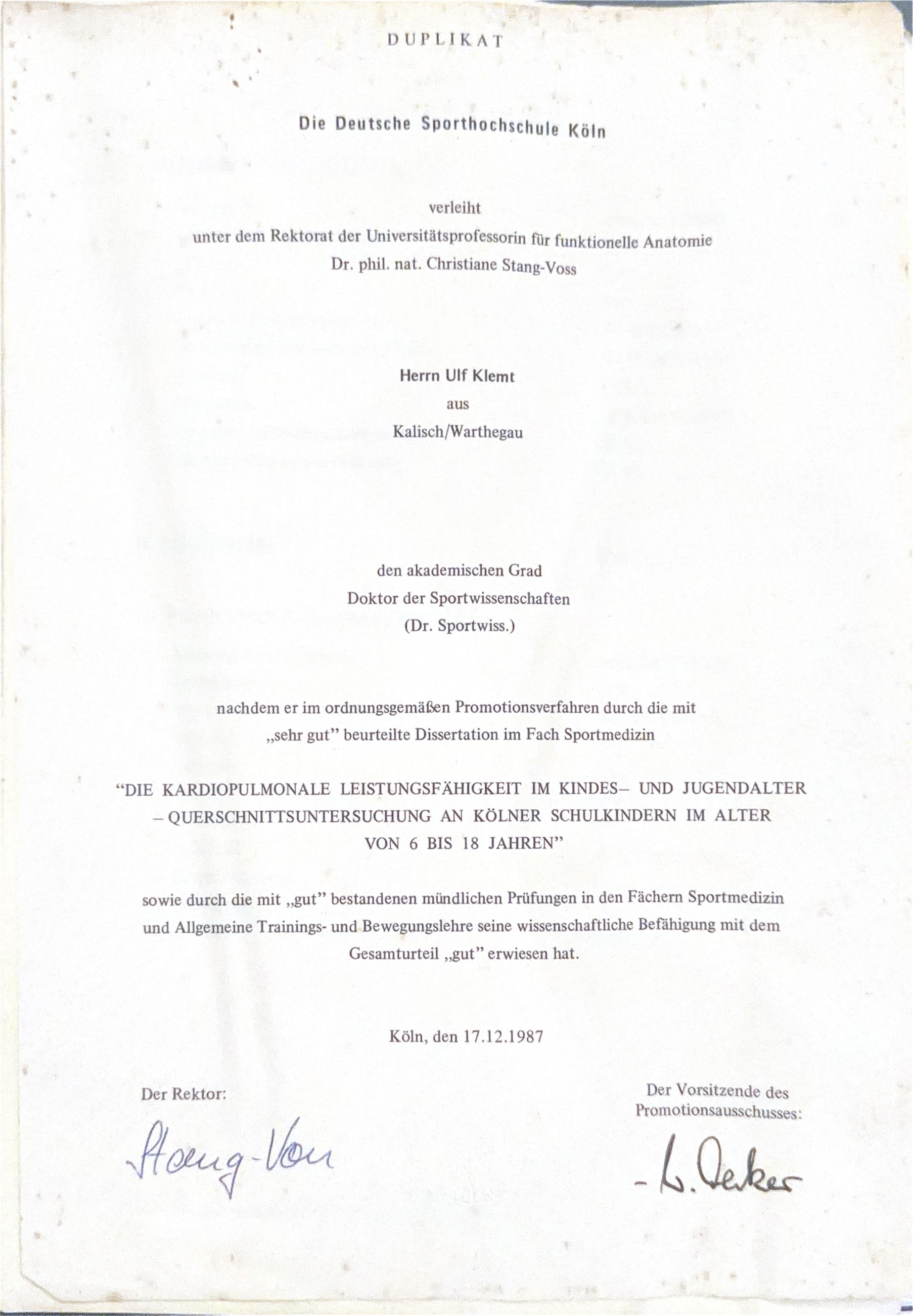 Diploma de doutorado — Colônia, 17 de dezembro de 1987