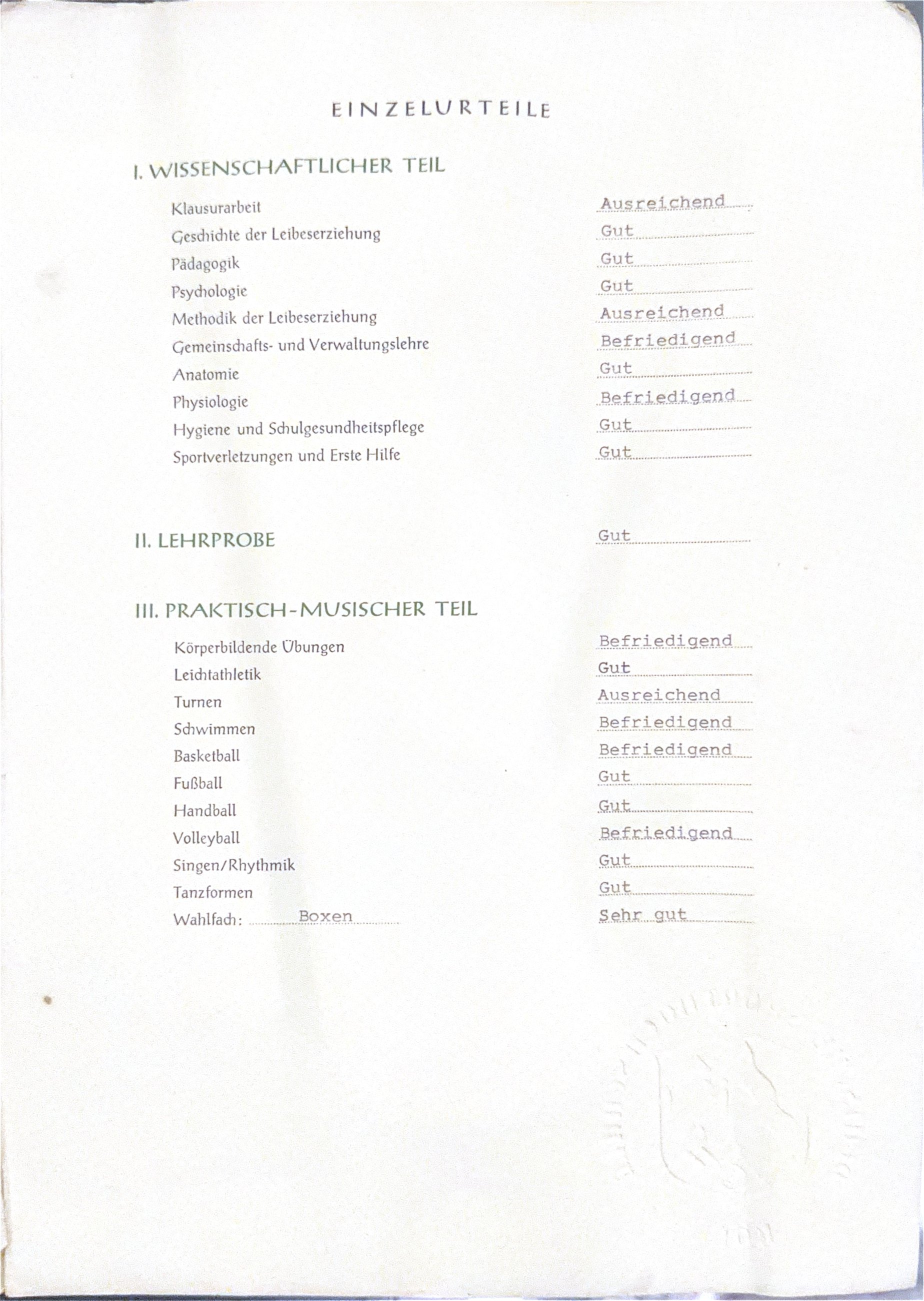 Einzelurteile — notas por disciplina