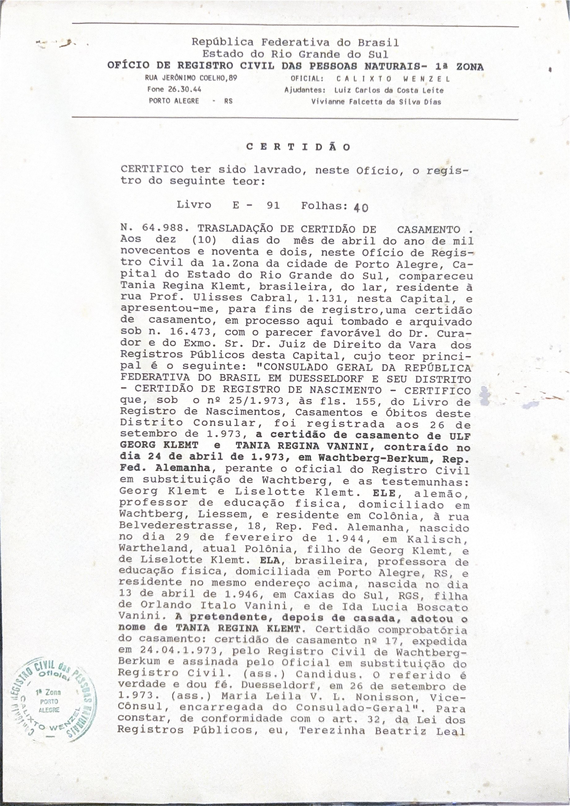 Certidão brasileira de trasladação (registro consular)