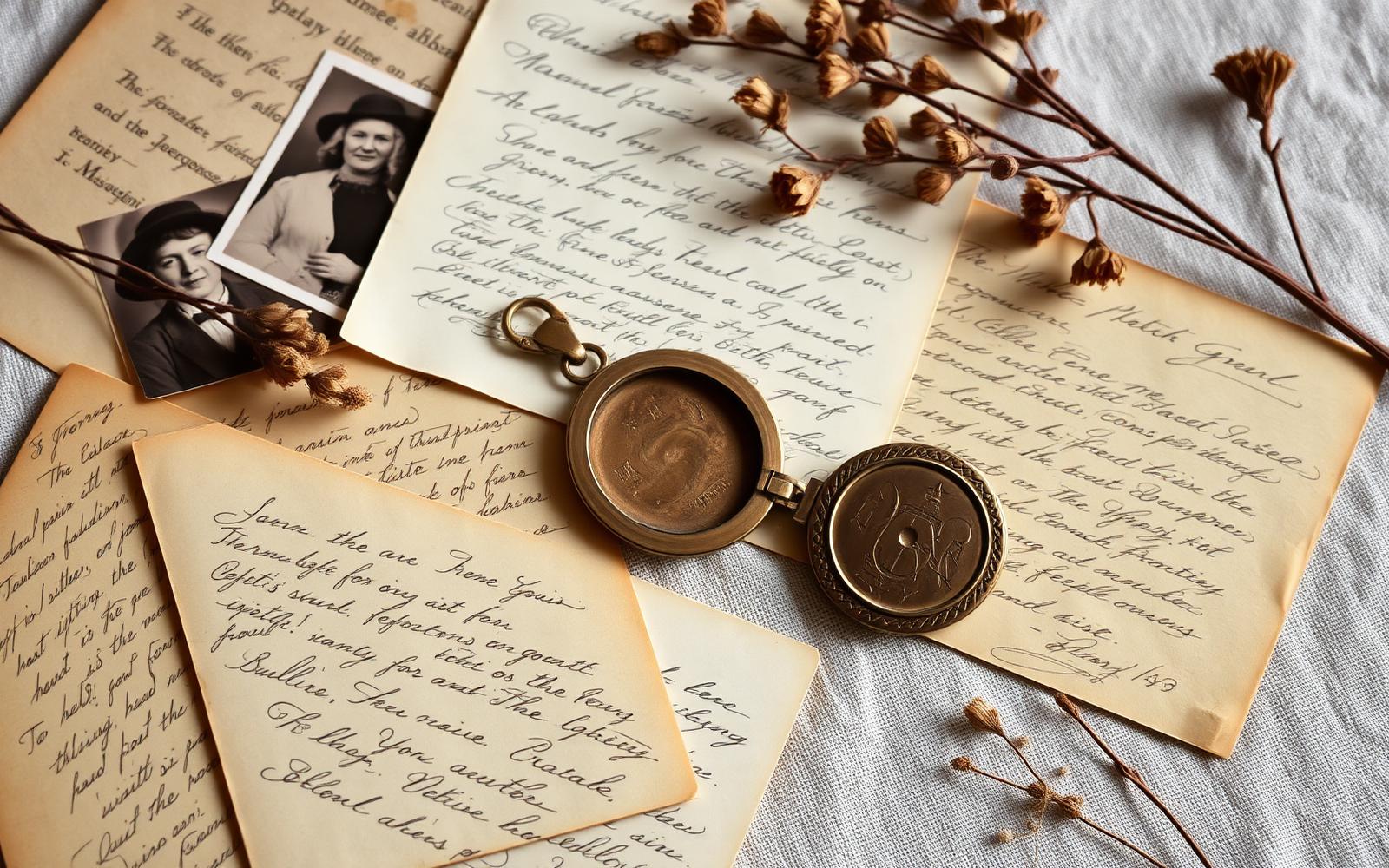 Cartas antigas, medalhão e fotografias sobre linho